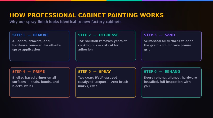 Professional cabinet painting process — door removal, degreasing, sanding, priming, HVLP spray application and rehang in Seattle area