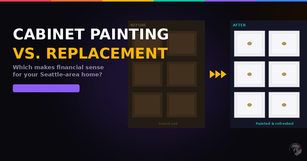 Kitchen cabinet painting vs replacement comparison — before and after transformation by Paint Gunners in Seattle and Bellevue