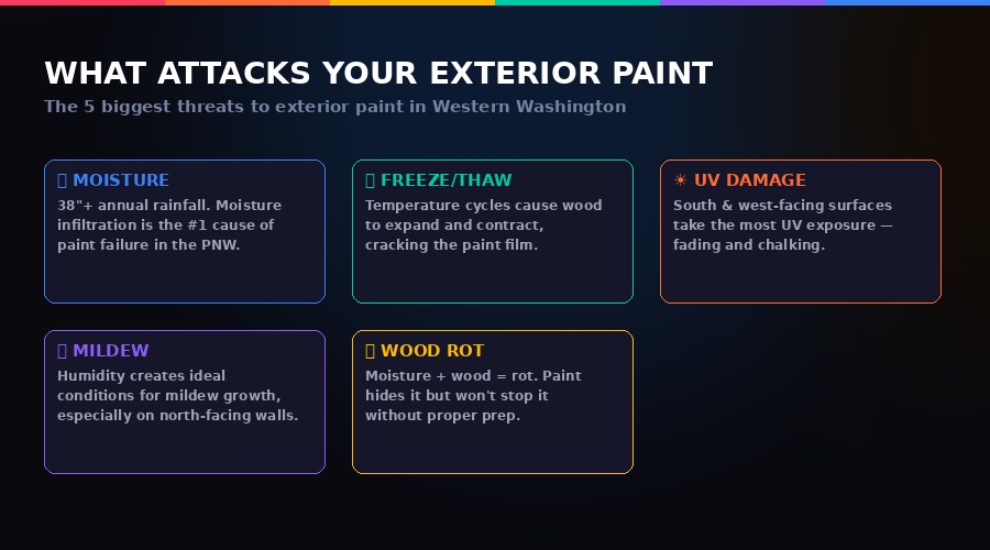 The five biggest threats to exterior paint in Western Washington — moisture, freeze-thaw cycles, UV damage, mildew, and wood rot