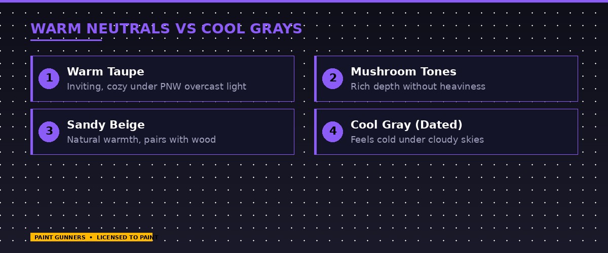 Warm neutral paint colors vs cool grays for Eastside Washington homes — comparison showing mushroom, taupe, and sandy beige tones that work in Pacific Northwest light